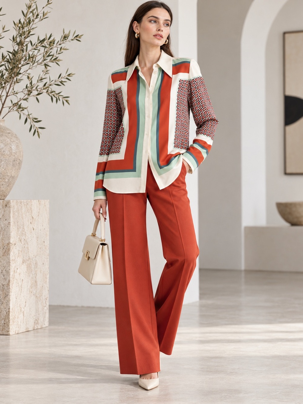CUE NWOT Geo Tile Button-Front Shirt in Ivory, Rust & Aqua US6